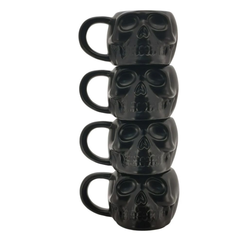 Black Skull Mug Set 4 with Stand Halloween Stacking Mugs Coffee Black Cup OW - Picture 3 of 5